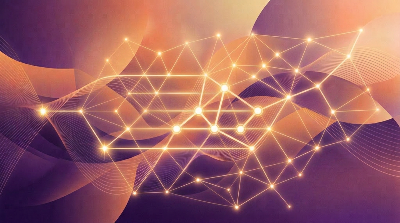 Abstract purple and orange gradient waves with structured response nodes representing crisis communication planning