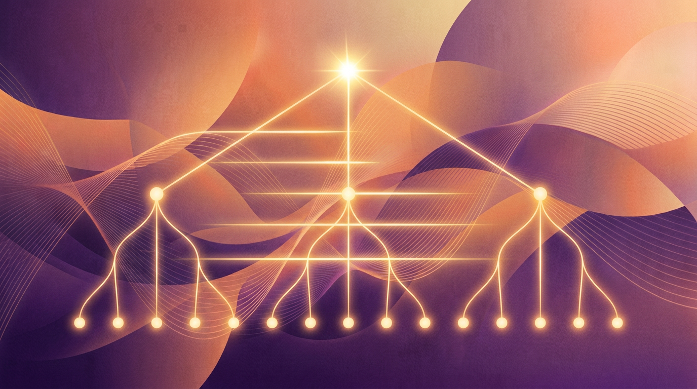 Abstract purple orange waves with hierarchical nodes representing newsroom structure and editorial decision-making