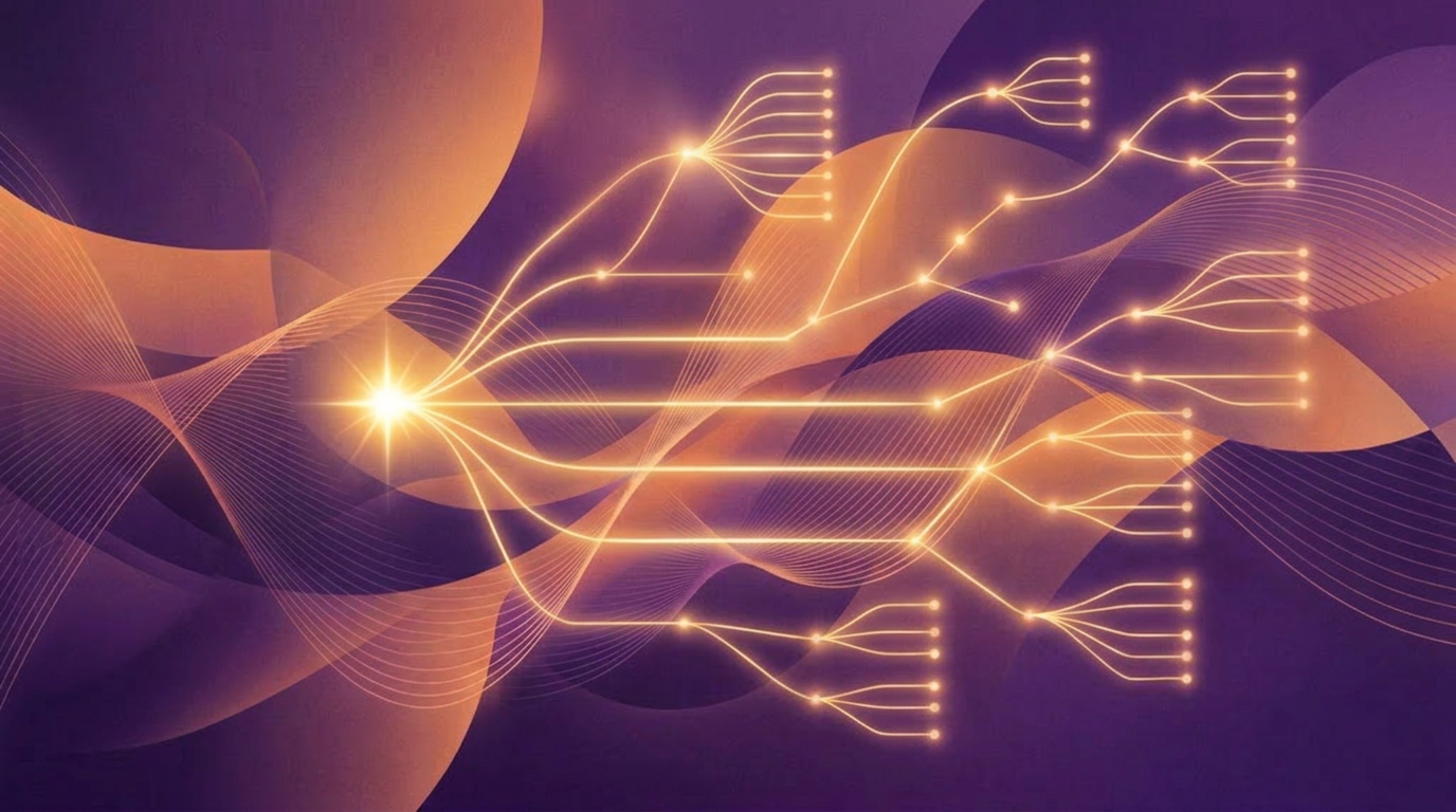 Abstract purple and orange gradient waves with strategic network nodes representing PR strategy framework