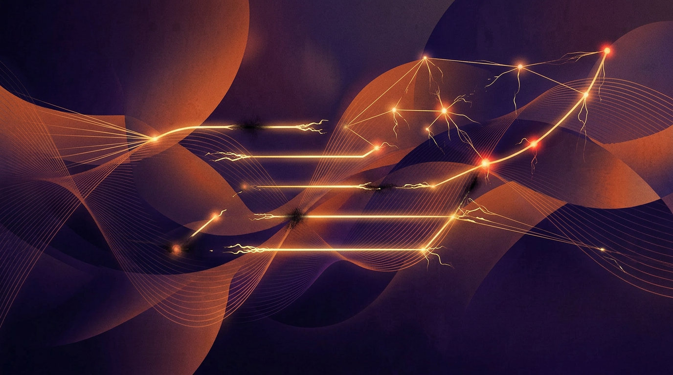 Abstract dark purple waves with tension in glowing lines representing negative press coverage navigation