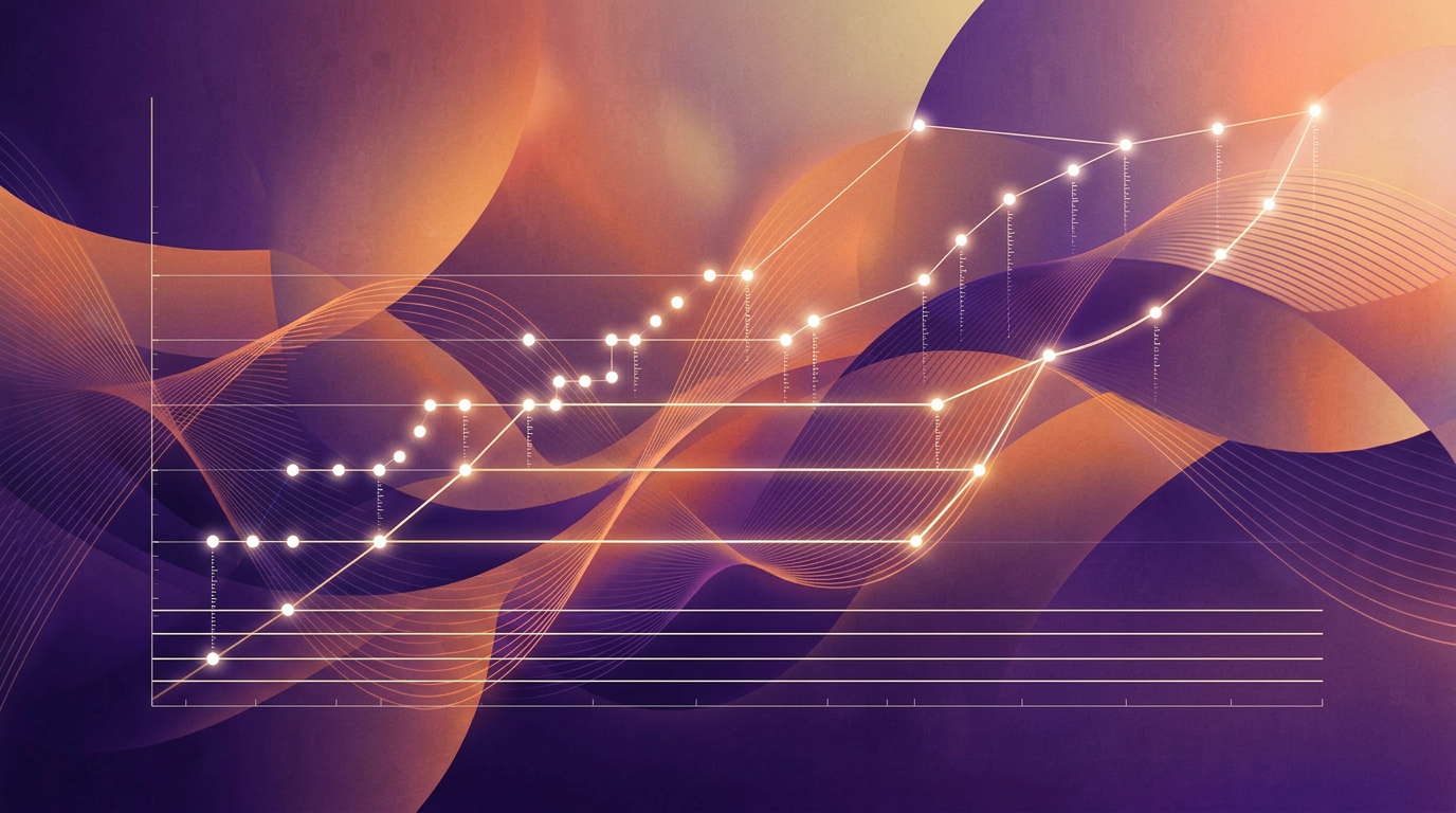 Abstract purple and orange gradient waves with glowing measurement nodes representing PR analytics and success metrics