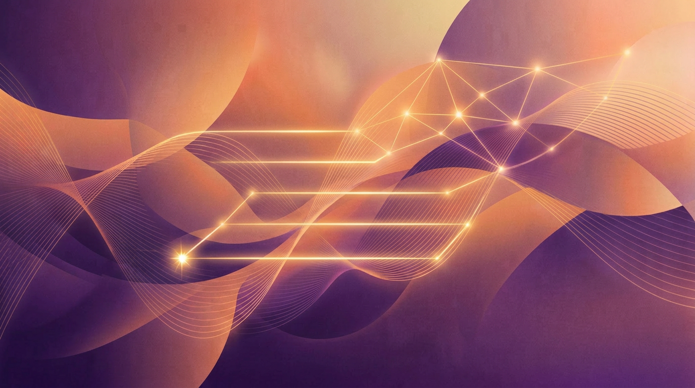 Abstract purple and orange gradient waves with glowing network nodes representing structured press release communication