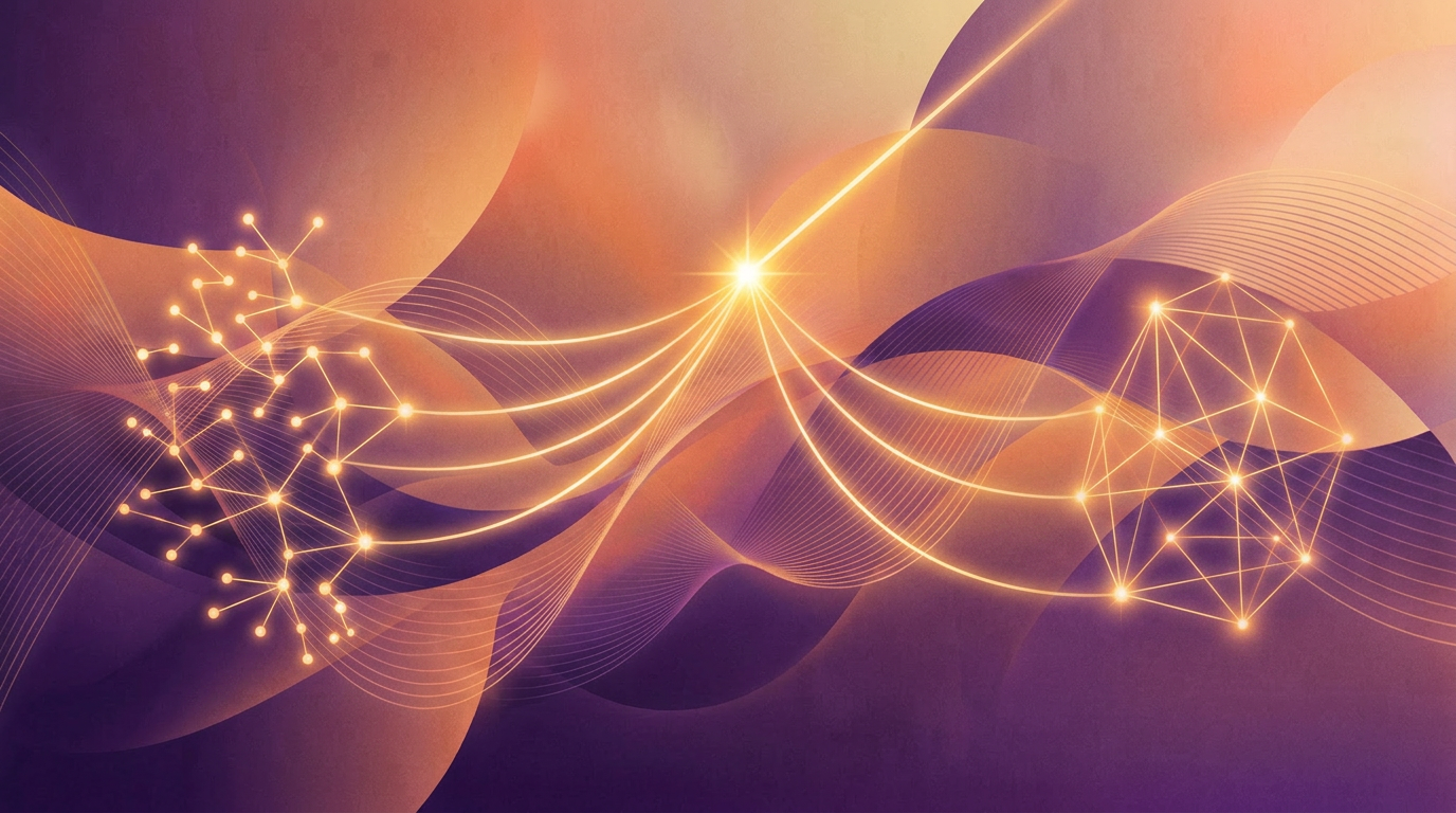 Abstract purple orange waves with two converging network paths representing the in-house vs agency decision