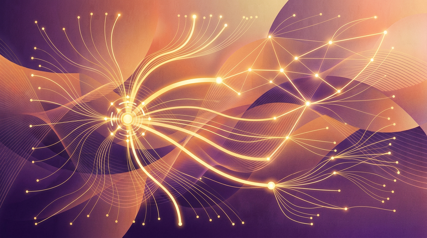 Abstract purple orange waves with resource allocation nodes representing PR budget planning and investment