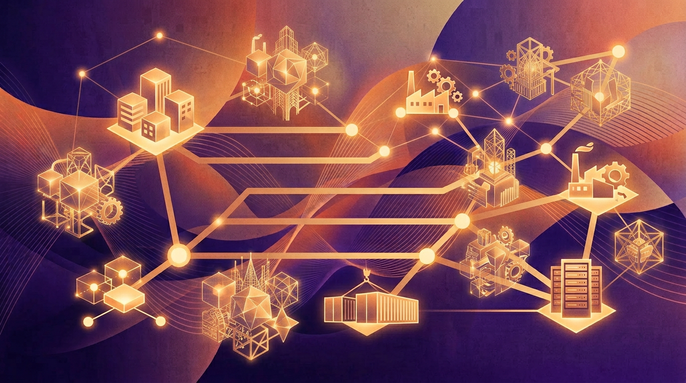 Abstract purple orange gradient waves with Mittelstand company nodes representing SME PR strategy