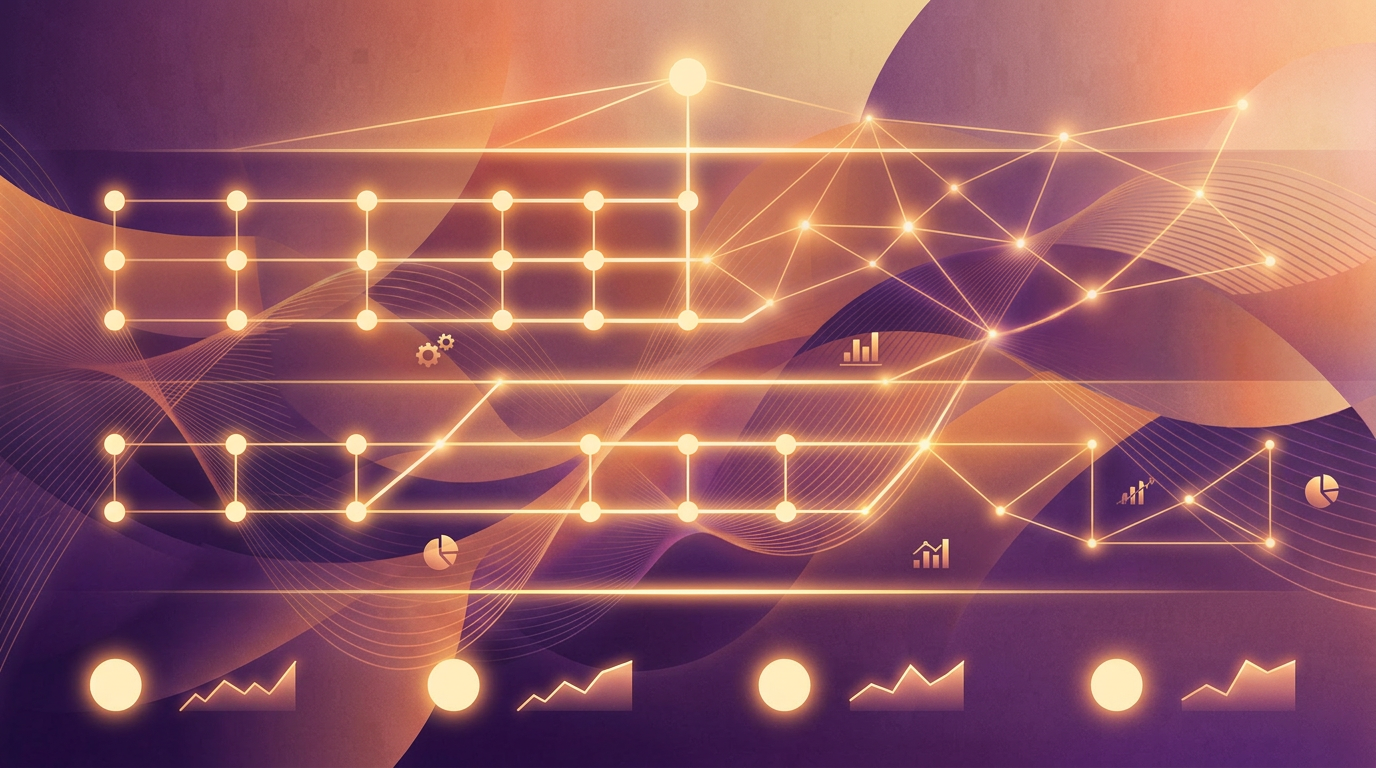 Abstract purple and orange gradient waves with structured data nodes representing PR reporting and analytics