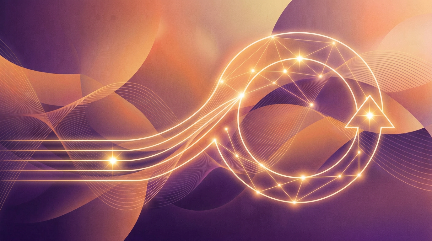 Abstract purple orange gradient waves with measurement nodes representing PR return on investment