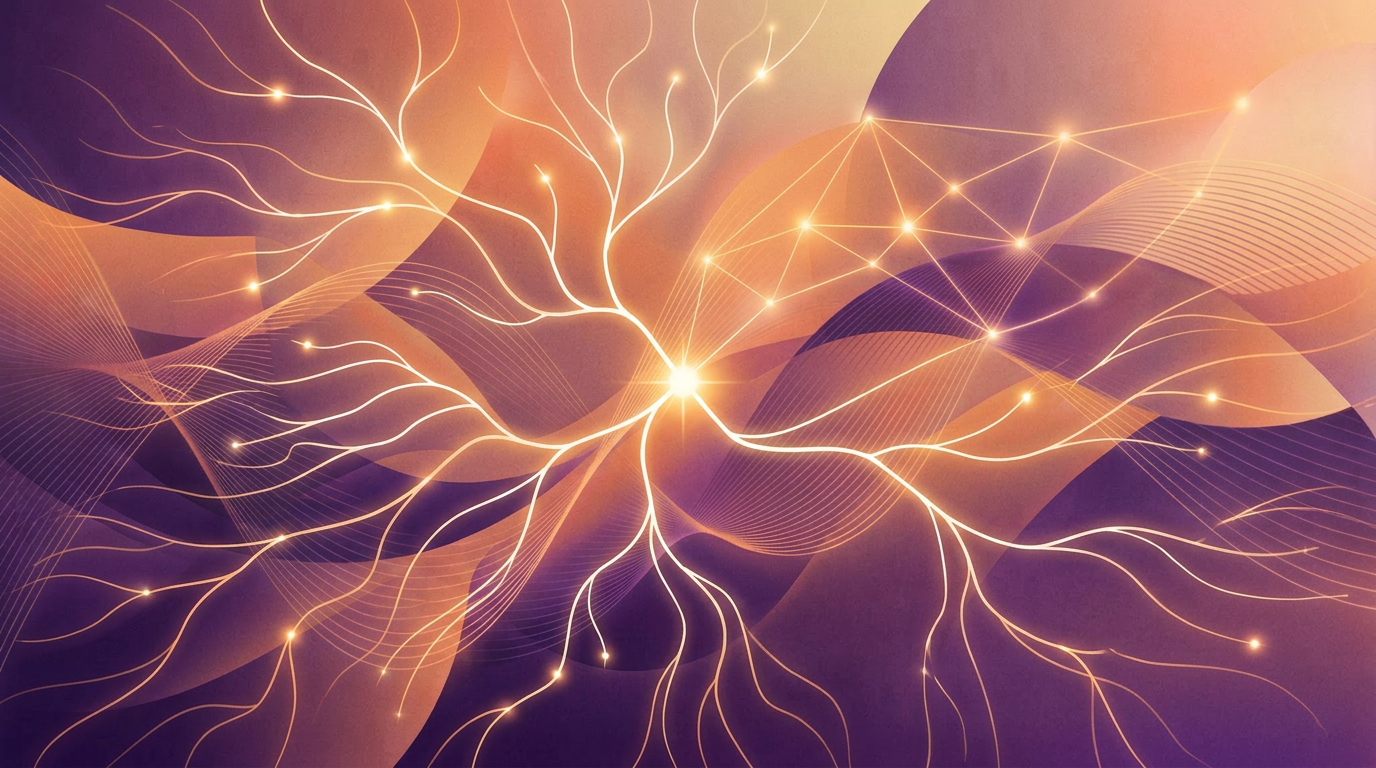 Abstract purple gradient waves with glowing nodes representing press release distribution channels