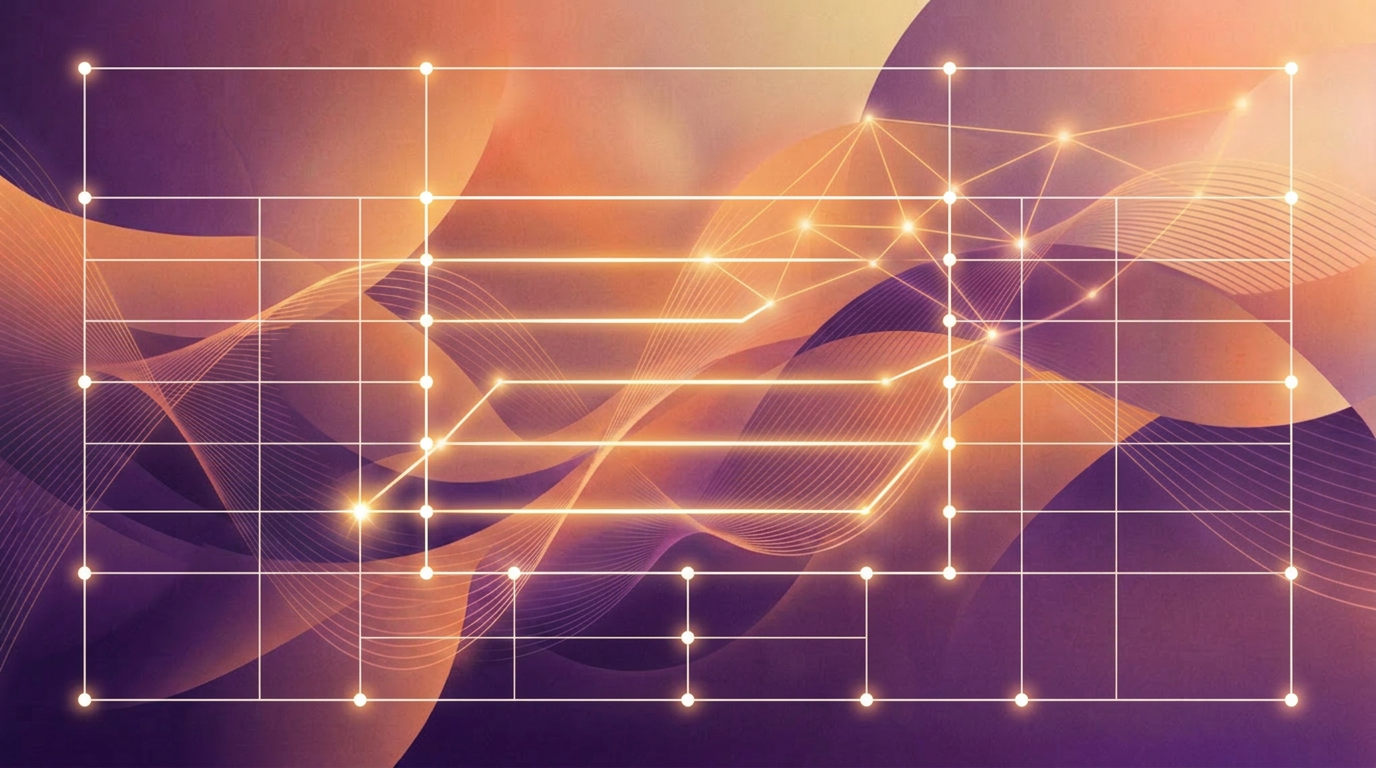 Abstract purple and orange waves with structured light network illustrating press release template structure