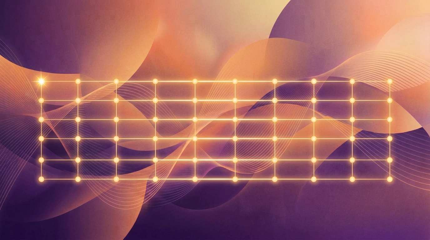 Abstract purple orange gradient waves with calendar nodes representing quarterly PR planning and structure