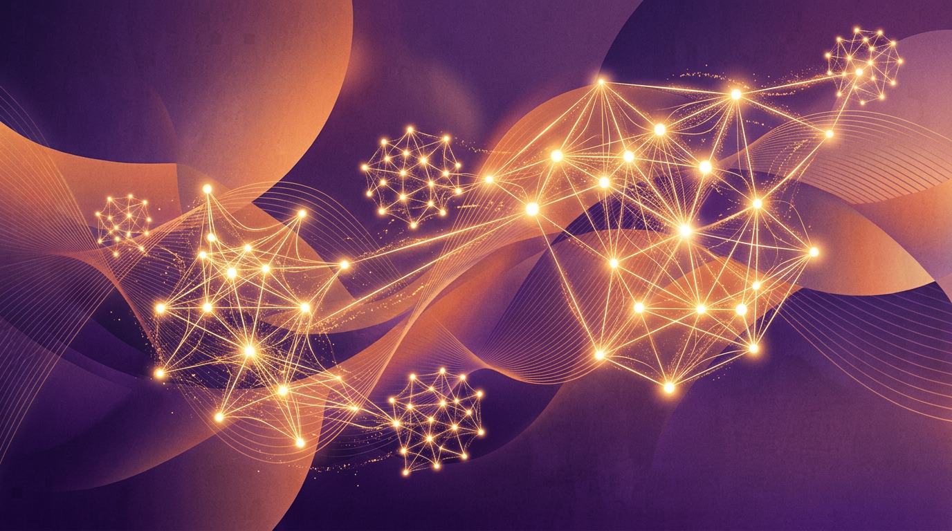 Abstract purple orange gradient waves with interconnected social network nodes under pressure