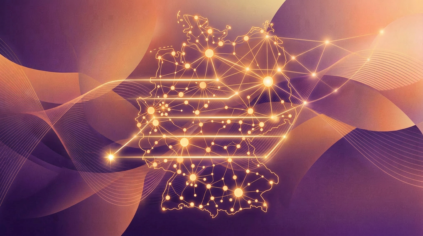 Abstract purple orange gradient waves with German media publication nodes representing business journalism