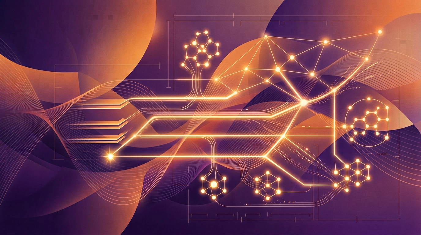 Abstract purple orange gradient waves with networked event nodes representing trade show PR and event communications